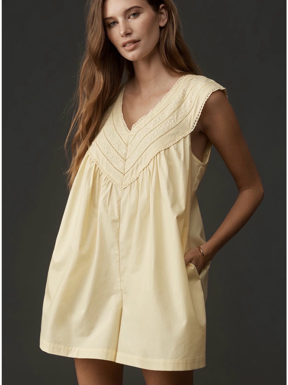Sleeveless V-Neck Cotton Romper in Light Yellow
